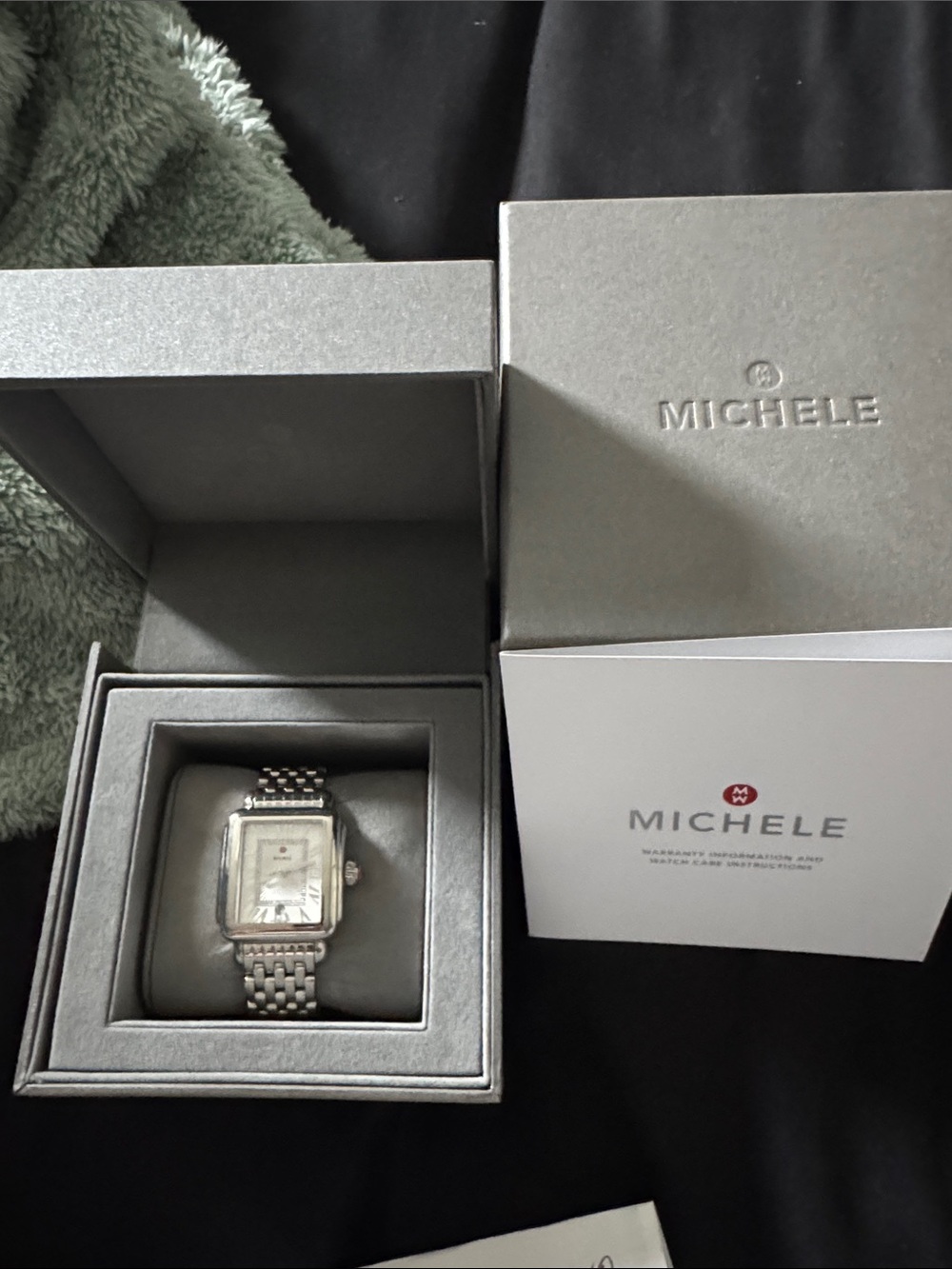 Michele Silver-Tone Rectangular Diamond Accent Bracelet Watch
